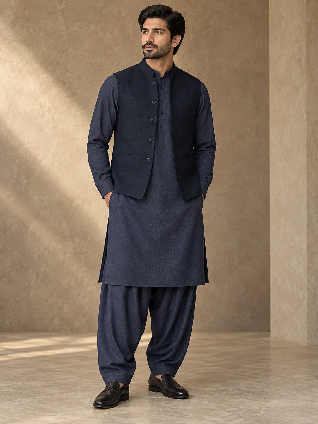 Editorial concept of a model in a navy shalwar kameez and sleeveless waistcoat; fabric is sold unstitched